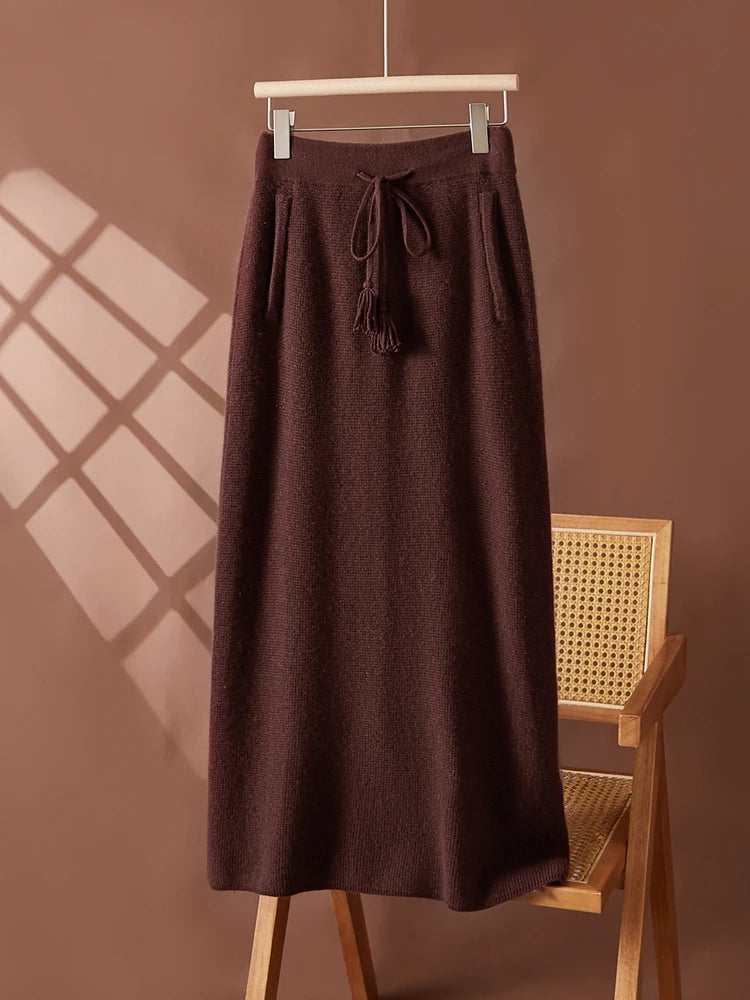 Women's 100% Cashmere Elastic Waist Mid-Length Midi Skirt Autumn Winter Casual Versatile Knitwear Bottoms Casual Fashion Skirt PlatiNum