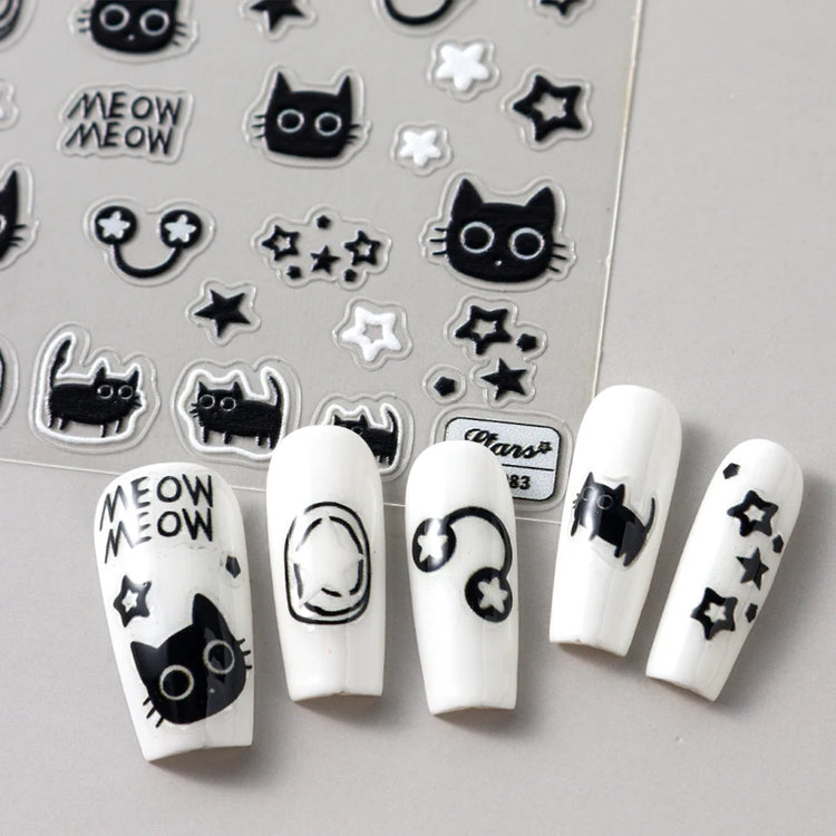 Cute Black Cat Nail Stickers Decals 5D Embossed Kawaii Cat Flowers Star Nail Art Decoration Cute Cartoon Sliders Summer Manicure