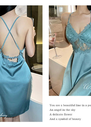 2025 nuova camicia da notte sexy canotta da donna in pizzo indumenti da notte per la casa in raso co