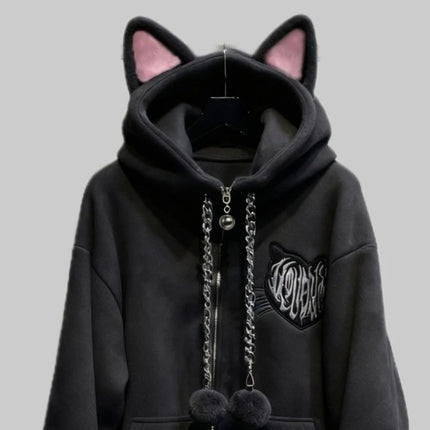Cute Cat Ear Velvet Hoodies Women Cat Claw Long Sleeve Coat Black Harajuku Y2k 2000s Punk Rock Goth Sweetheart Women Jackets