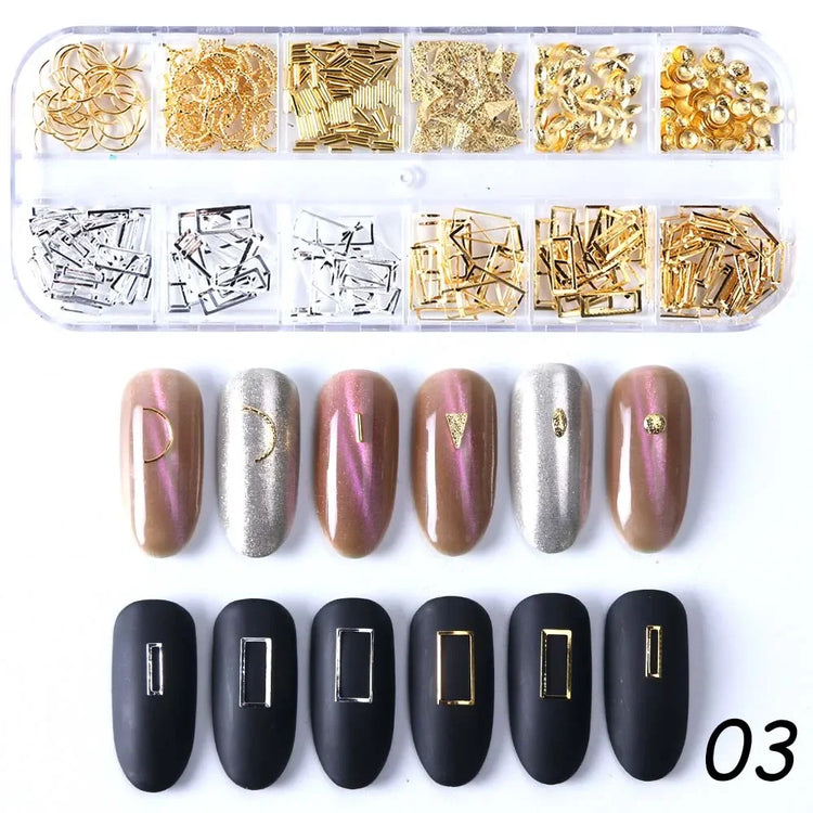 12 Grids Gold Nail Art Alloy Studs Seaside 3D Decorations Sea Shell Star Nail Charm Metal Frame Rivets Nail Sequin Accessories