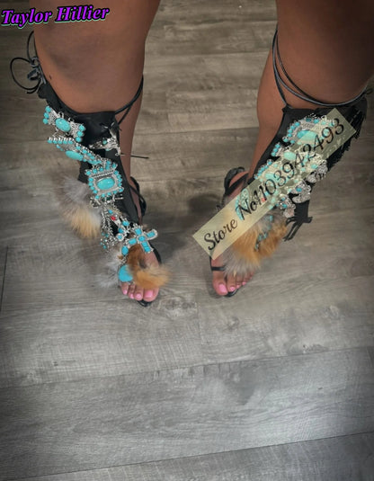 Gladiator Heels Turquoise Fur Wrap Sandals Women Shoes Mixed Color Roman Thin High Heel Pointed Toe Sandalias De Mujer Summer