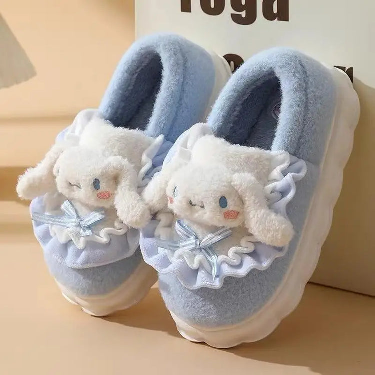 Women Cute Cartoon Plush Slippers Ruffled Lace Bow Warm Fuzzy Thick Non-Slip Sole Winter Indoor Bedroom Cozy House Shoes Girls
