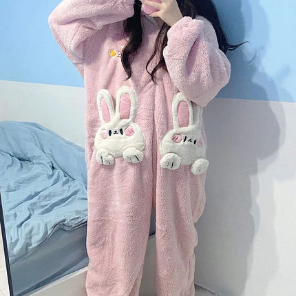Coral Velvet Onesies Women Cute Rabbit Kigurumi Unicorn Preppy Cartoon Hooded Kawaii Thicker Winter Warm Cotton Pajamas Homewear