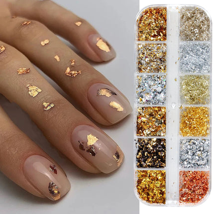 12 Color Gold Foils Gorgeous Nails Glitter Random Aluminum Flakes Paillette Chip Nail Design Shinny Sparkles Nail Art 2027