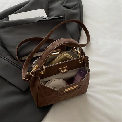 Elegante Mini Borsa a Tracolla con Manico Superiore, Chiusura Dorata, Versatile Borsa in Finta Pelle Scamosciata e Pelle per Uso Quotidiano Femminile