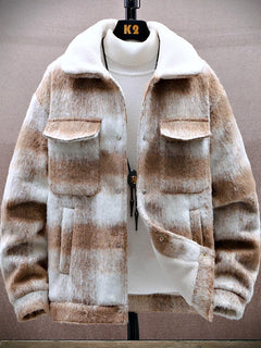 Retro Men's Woolen Coat Winter Add Velvet Keep Warm Jackets Classic Plaid Print Loose Casual Trench Blends Jacket Men Clothing