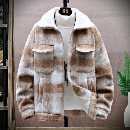 Retro Men's Woolen Coat Winter Add Velvet Keep Warm Jackets Classic Plaid Print Loose Casual Trench Blends Jacket Men Clothing