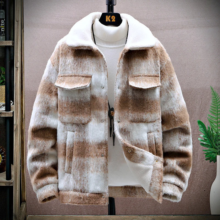 Retro Men's Woolen Coat Winter Add Velvet Keep Warm Jackets Classic Plaid Print Loose Casual Trench Blends Jacket Men Clothing