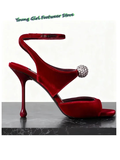 One-Button Rhinestone-Encrusted Sandals Square Head With Exposed Toes Elegant High Heels Burgundy Heels Women's Luxury Sandals