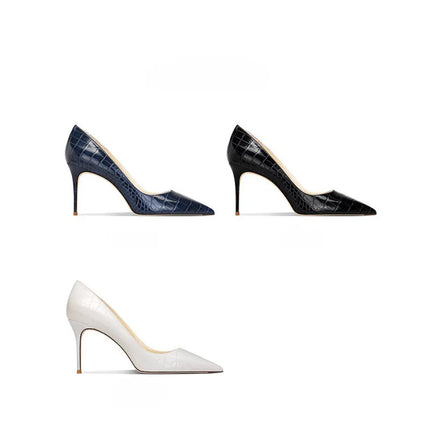 2025 New Blue Crocodile Leather High Heels Women Pointed Toe Stiletto Elegant Office Shoes