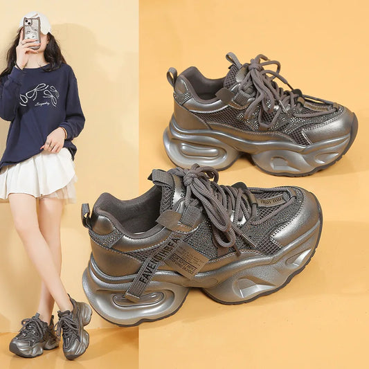 Thick soled rhinestone dad shoes  women's versatile height increasing casual shoes 2025 autumn sports running shoes