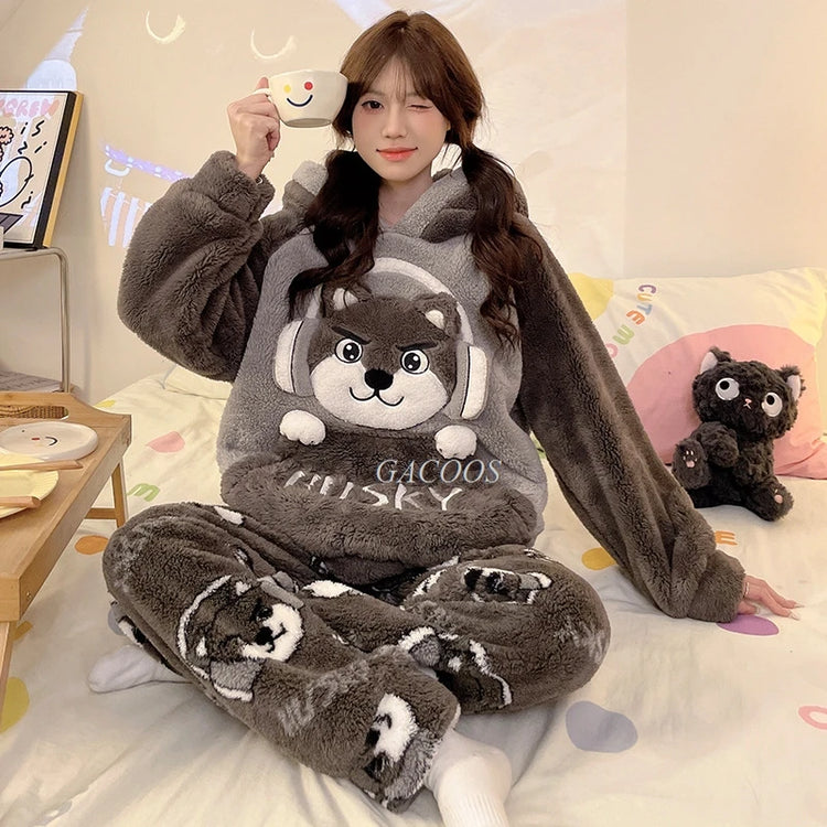 Winter New Women's Warm Pajamas Cartoon Hooded Sleepwear Suit Women's Coral Fleece Pyjamas Set Thickened Thermal Homewear M-4XL