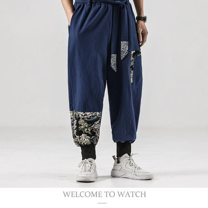 Pantaloni da uomo Costume da samurai giapponese Ukiyo-e Cintura con stampa Pantaloni stile harem da uomo in cotone e lino Pantaloni casual Harajuku da uomo Taglie forti 5XL