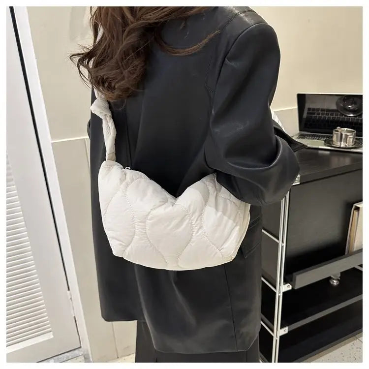 Puffer Shoulder Bag for Women Soft Down Cotton Padded Tote Handbag Purse Quilted Cross Body Bag Solid Color Bubbles Cloud Bag PlatiNum