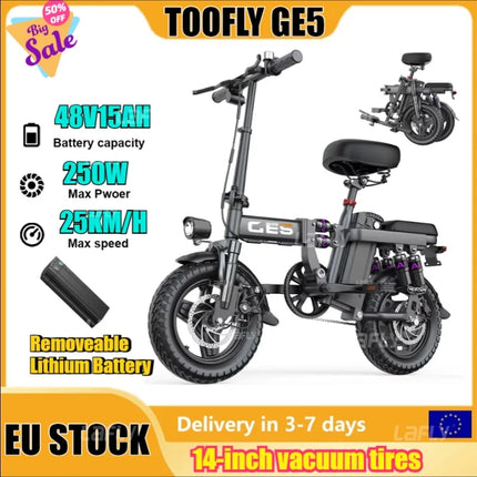 TOOFLY GE5 Folding Electric Bicycle 250W Motor 48V15AH Removable Lithium Battery Electric Bike for Adults City Riding Commuting Ebike