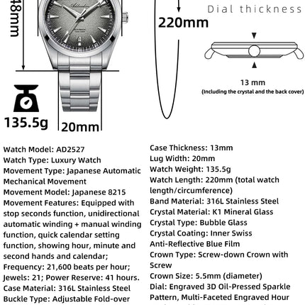 ADDIESDIVE Luxury 39mm Men Automatic Watch 8215 Mechanical BWG9 Super Luminous 100m Waterproof Watches Bubble Glass Men‘s Watch