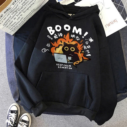 Funny Cute Cat Sweatshirt for Women Aesthetic Y2k 90s Hoodies Harajuku Graphic Pullovers 2000s Ulzzang Gothic Streetwear Female