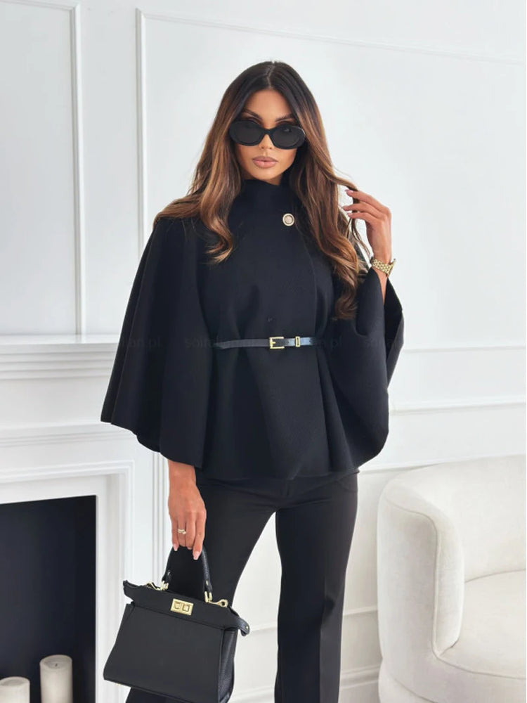 Women Single Buckle Batwing Sleeve Coat Autumn Winter Elegant Lady Tweed Waist Cinching Poncho Trend Thick Warm Loose Outwear