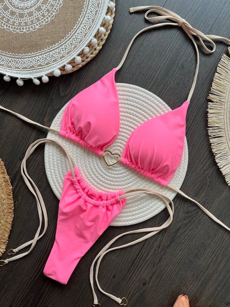 Nuovo bikini bianco a tinta unita da donna, costume da bagno alla moda con lacci a vita bassa, set due pezzi platinumshop