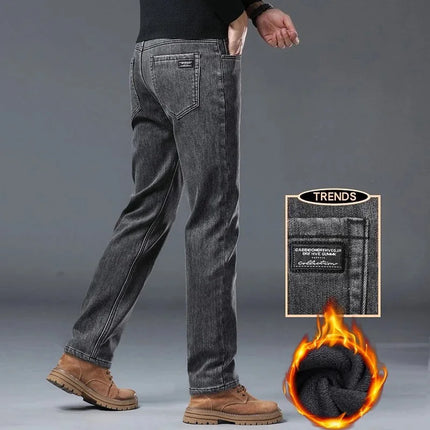 Winter Warm Jeans Men's Slim Straight Elastic Denim Pants Casual Male Clothing Fashion Plush Trousers New Hot Sale Fashion Jeans