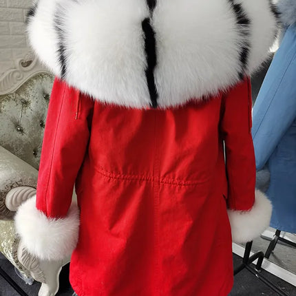 Winter Long Jacket Real Fur Coat Women Clothes Large Silver Fox Fur Collar Detachable Natural Fox Lining Parkas Leather Fur