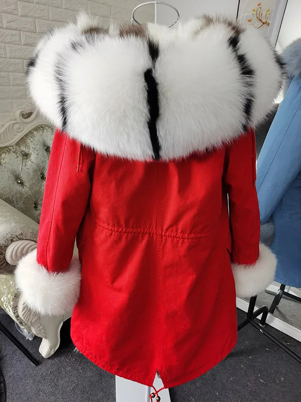 Winter Long Jacket Real Fur Coat Women Clothes Large Silver Fox Fur Collar Detachable Natural Fox Lining Parkas Leather Fur