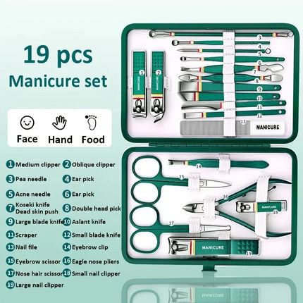 19Pcs Stainless Steel Manicure Set Portable Nail Clipper Kit with Foldable Storage Bag Nail Cutters Scissors Beauty Grooming Tools