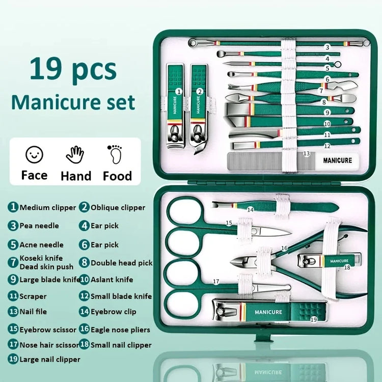 19Pcs Stainless Steel Manicure Set Portable Nail Clipper Kit with Foldable Storage Bag Nail Cutters Scissors Beauty Grooming Tools