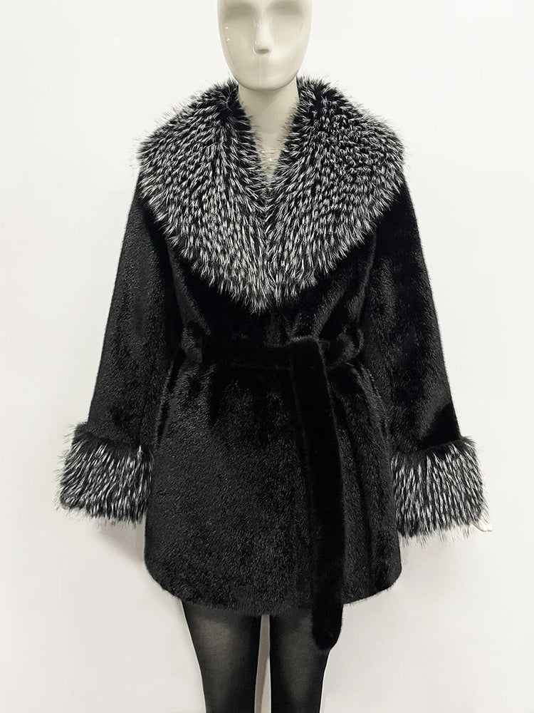 ZADORIN Luxury Long Mink Coat Faux Raccoon Fur Collar Warm Black Fur Coat Woman Elegant Belted Faux Fur Jacket Winter Outerwears