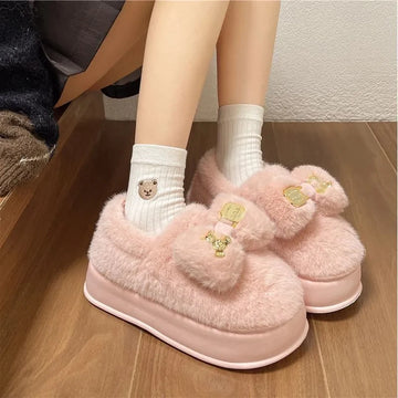 New Pink Bow Slippers Winter Women's Shoes Thick Sole Fuzzy Slippers for Home Mules Shoes Woman Fluffy Metal Bear House Slipper