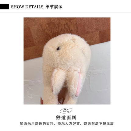 New Cute 3D Rabbit Furry Slippers Women Winter Warm Plush Closed Back House Shoes Non Slip Bunny Indoor Flip Flops Home Slipper