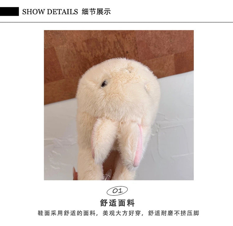 New Cute 3D Rabbit Furry Slippers Women Winter Warm Plush Closed Back House Shoes Non Slip Bunny Indoor Flip Flops Home Slipper