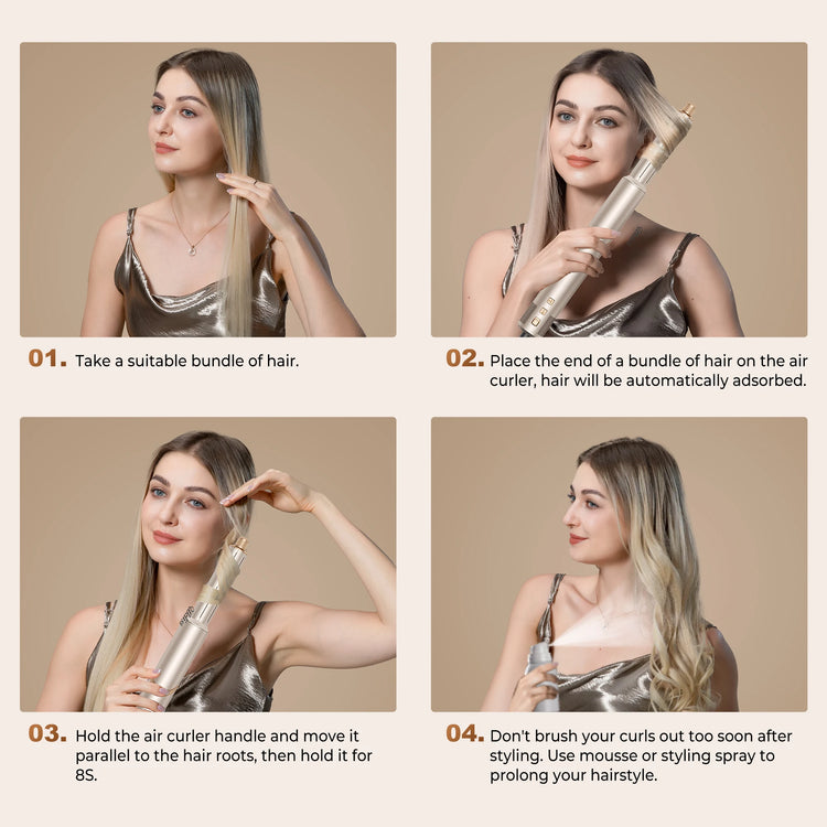 UKLISS 643 Champagne Color 8-in-1 Hot Air Styler Set, Detachable Multi Functional Hair Styling Tool, Hair Dryer, Curling Wand, Straightening Brush & Flat Iron All in One, Foldable Rotatable Auto Curler for Quick Drying, Smoot