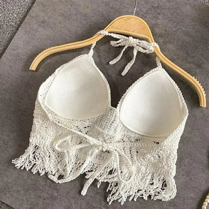 Sexy Boho Beach Holiday Canotta Halter Donna Crochet Maglia Costume da bagno Reggiseno Backless Vest Hollow Nappa Canotta Crop Top da donna platinumshop