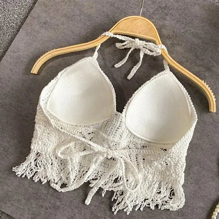 Sexy Boho Beach Holiday Canotta Halter Donna Crochet Maglia Costume da bagno Reggiseno Backless Vest Hollow Nappa Canotta Crop Top da donna platinumshop