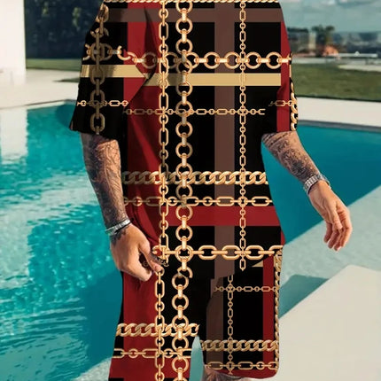 New Men's Two-Piece Suit Fashion Scottish Print Summer O-neck Short Sleeve Polo + Shorts Men's Two-Piece Set