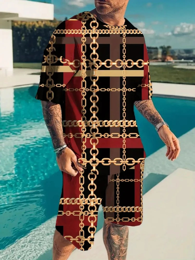 Nuovo vestito da uomo in due pezzi con stampa scozzese moda estate O-colletto Polo a maniche corte + pantaloncini abito da uomo in due pezzi