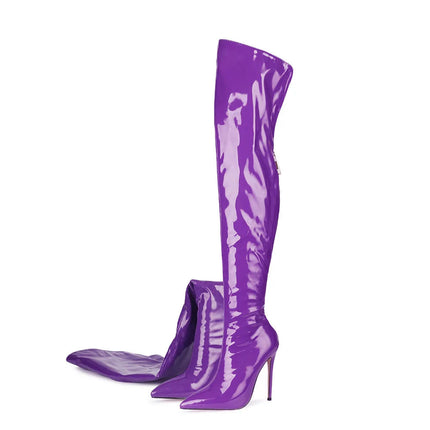 New Sexy Fashion Patent Leather Women Over Knee Boots Black White Long Boots Ladies Pointed Toe Classic High Heels Shoes Large PlatiNum