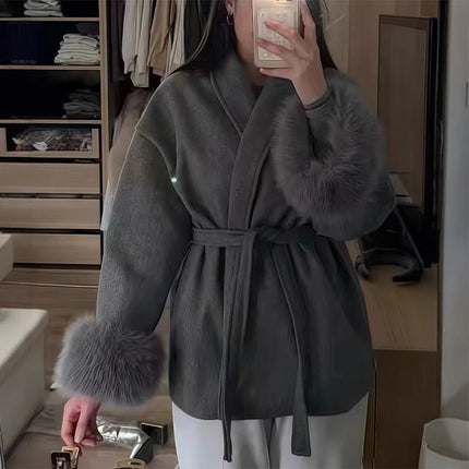 Elegant Women's Lace Up Woolen Coats Solid Full Sleeve Turn-down Collar Loose Lady Coats 2026 Autumn Winter Female Streetwear