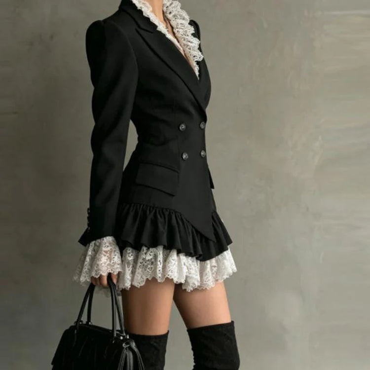 Chic Patchwork Lace Blazer Dress Women Autumn Winter Commute Lapel Long Sleeve Slim Fit Mini Dresses Double Breasted Suit Dress