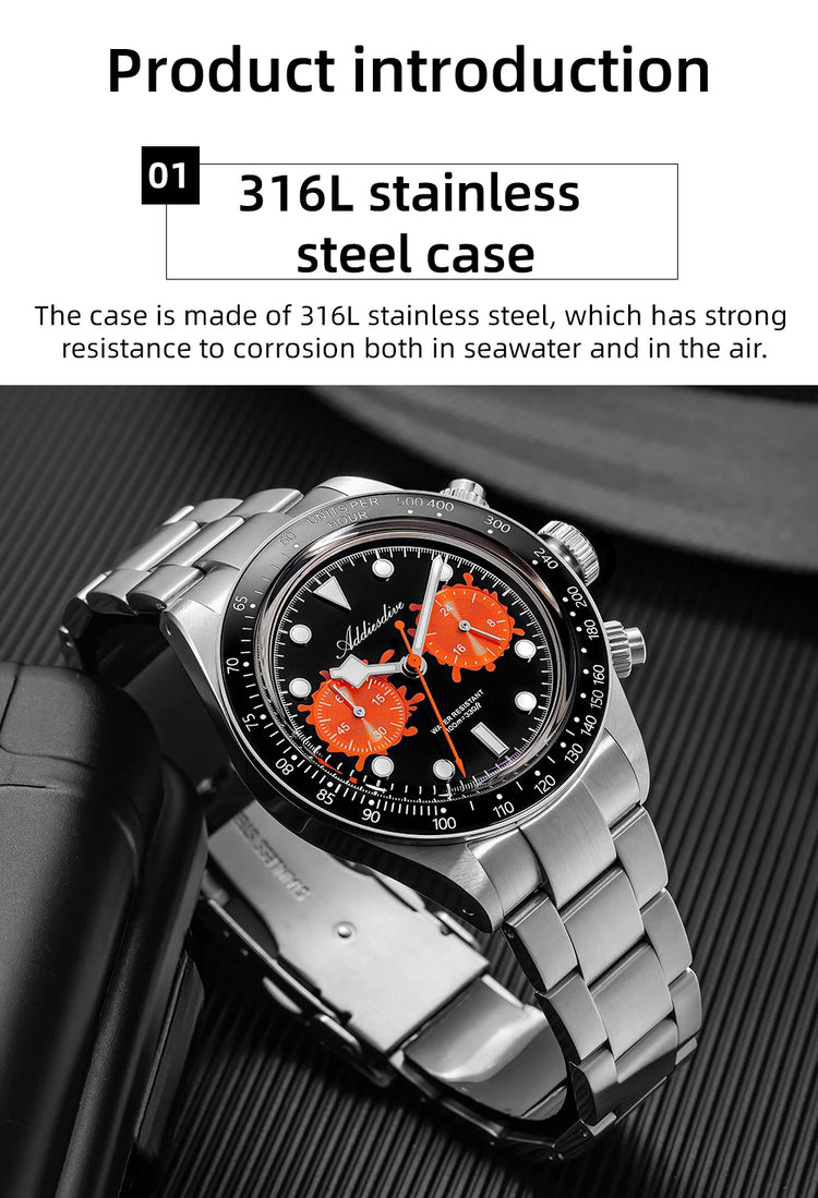 ADDIESDIVE Men Watches New VK64 Quartz Wristwatch Luxury Chronograph Luminous BGW9 Ceramic Bezel Domed Glass 100m Waterproof
