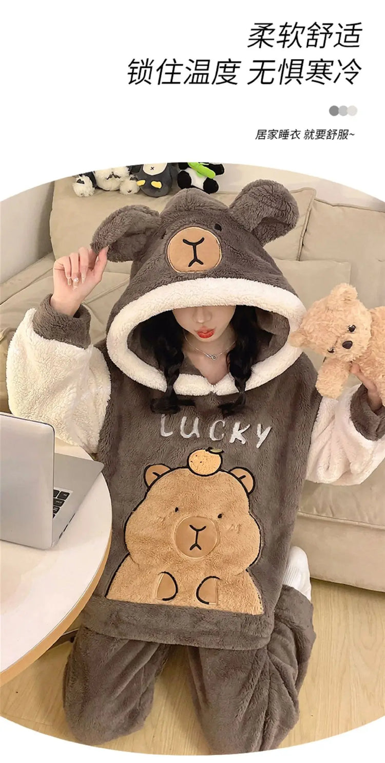 New 2026 Couple Pajamas Set Women's Thickened Fleece-lined Coral Velvet Men Sleepwear For Winter Cute Cat Homewear