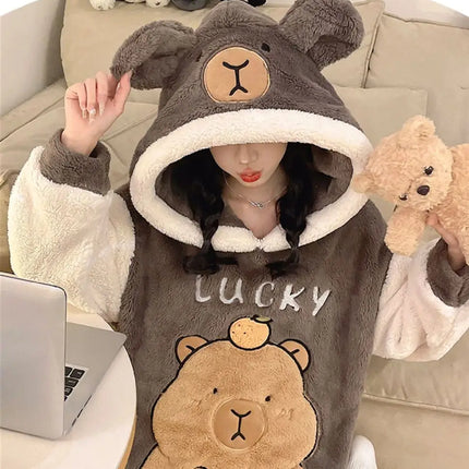 Winter New Women's Warm Pajamas Cartoon Hooded Sleepwear Suit Women's Coral Fleece Pyjamas Set Thickened Thermal Homewear M-4XL
