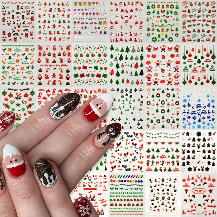 24Pcs 3D Christmas Nail Stickers Cartoon Santa Claus Elk Snowman Snowflakes Self-Adhesive Nail Decals Kid Girl Xmas Gift Sliders