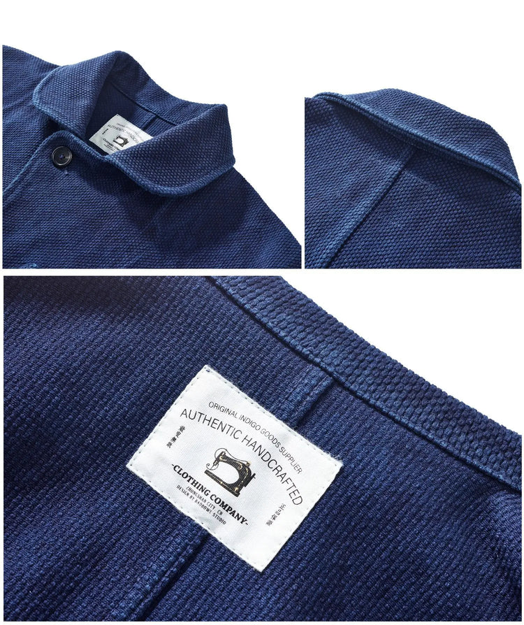 Indigo Blue Dyed Suit Jacket Heavy Sashiko Casual Japanese Retro Washed Coat Jacket
