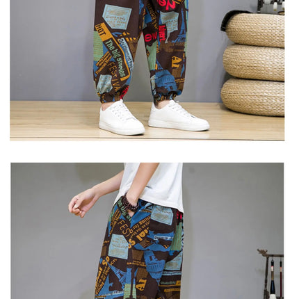 Pantaloni Primavera-Estate da Uomo in Stile Cinese, Sottili e Traspiranti in Cotone e Lino, con Vita Elastica, Pantaloni Harem Stampati Casual e Comodi