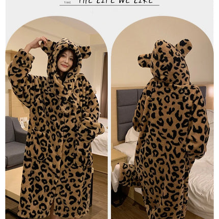 Plus Size Leopard Winter Hooded Robe Pajamas Set Women Plush Soft Home Suit Coral Pjs Long Sleeve Thick Warm Flannel Loungewear