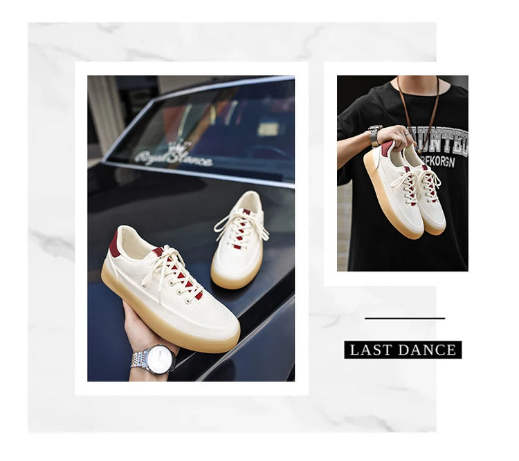 Men's Linen Canvas Platform Sneakers, Breathable Low‑Top Casual Skate Shoes, Retro Contrast Tan Trim Design, Soft Cushioned Thic