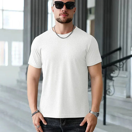 2025 New Men's Casual Short Sleeved Bone Flower Solid Color O-neck T-shirt Fashion Breathable Comfortable Summer Versatile Top PlatiNum